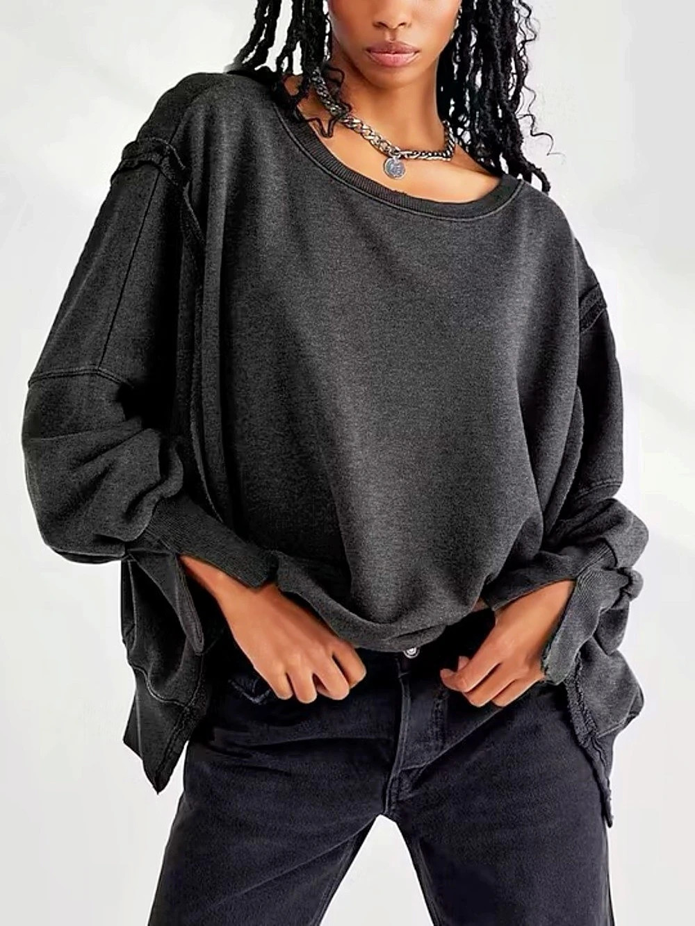 Free People We The Free Camden Pullover Oversized Charcoal Black Sweatshirt L